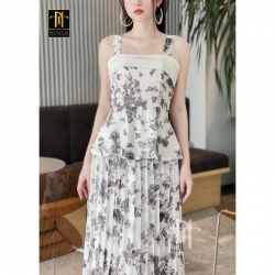Set áo 2 dây phối ngực mix chân váy dập li chất tơ hàng Thiết kế cao cấp hoạ tiết cực sang tại Quảng Nam